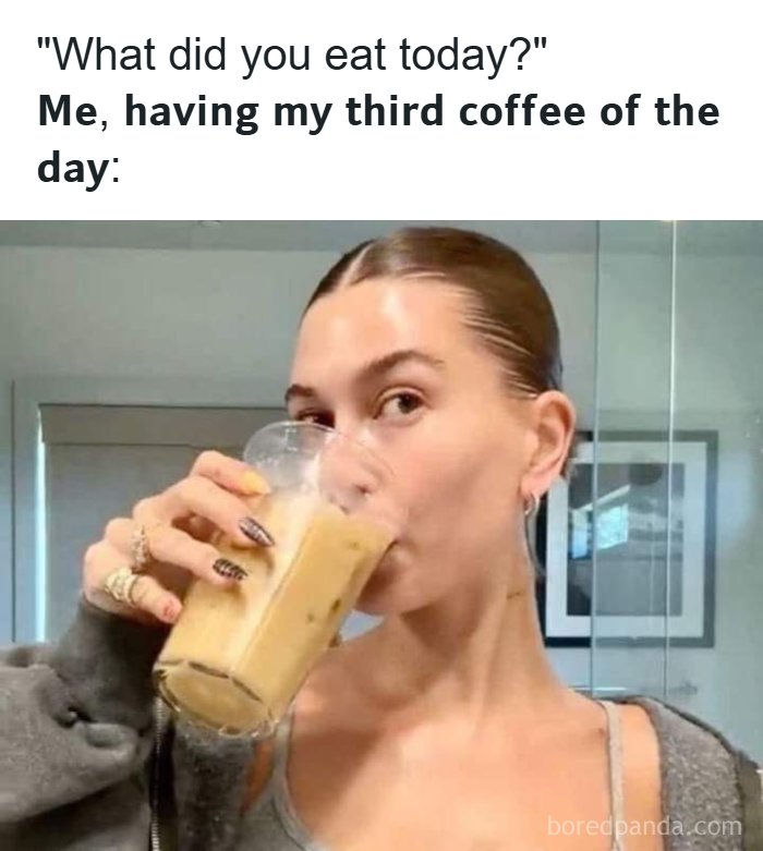 Hailey Bieber drinks coffee in a relatable Meme Queen post about daily diet.