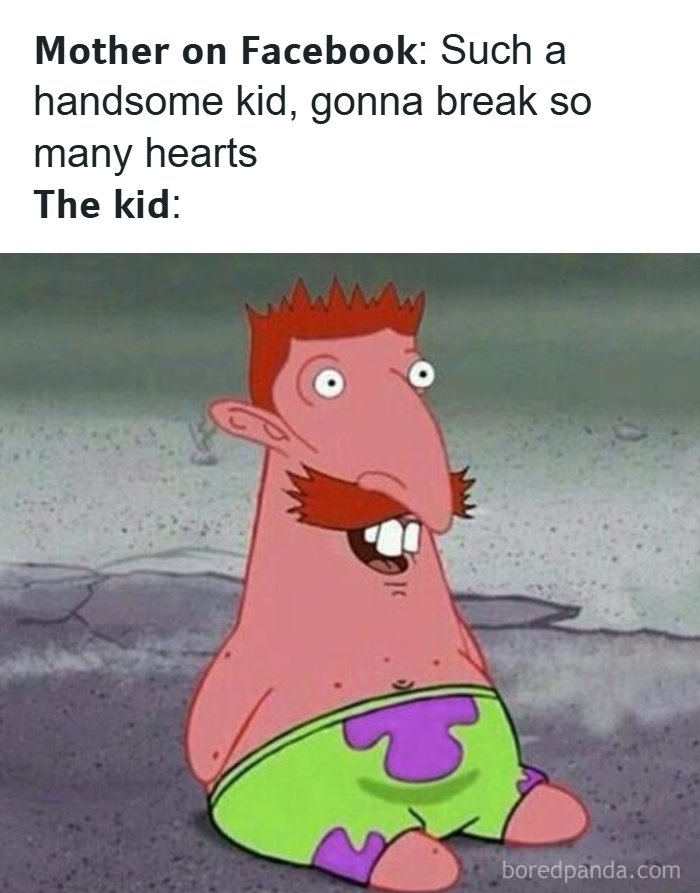 A meme queen post showing a funny cartoon character, a blend of Nigel Thornberry and Patrick Star, with text saying Mother on Facebook: Such a handsome kid, gonna break so many hearts. The kid: