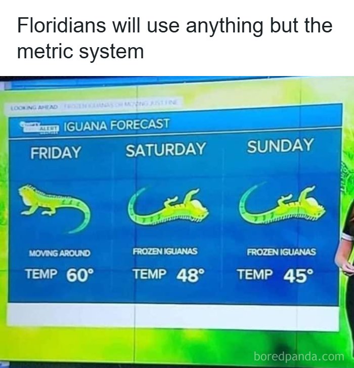 Funny memes about science: a weather forecast showing frozen iguanas in Florida, highlighting the use of imperial units.