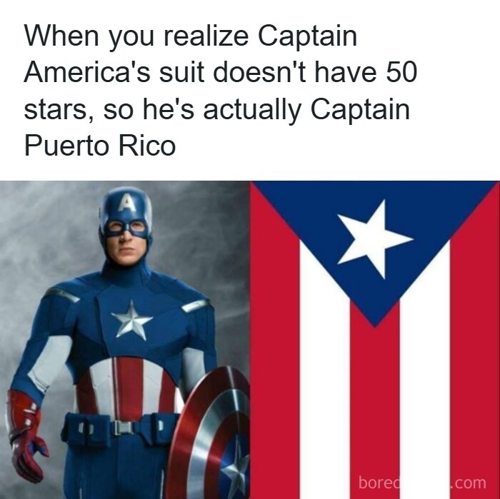A meme presenting a fascinating find: Captain America's suit compared to the flag of Puerto Rico.