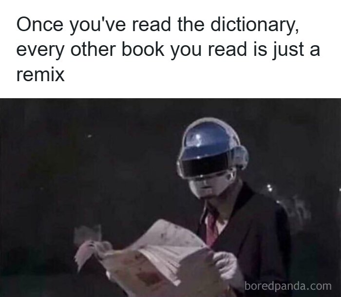 A fascinating find for the internet: a meme featuring a Daft Punk member reading a dictionary.