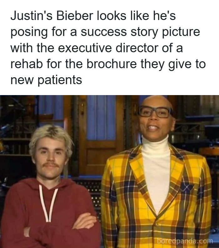 A meme with a funny, oddly specific roast about Justin Bieber and the director of a rehab facility.