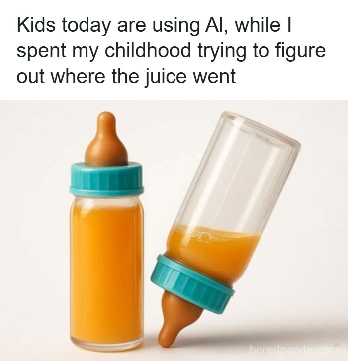 A meme about childhood in the '80s, showing two baby bottles with juice, symbolizing simpler times.
