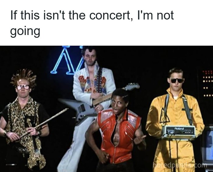 Four musicians in eccentric 80s costumes performing on stage, capturing the essence of the good time.