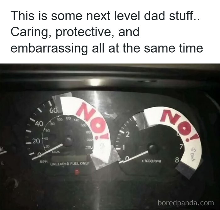 A funny meme showing a car dashboard with the word NO! taped over the speedometer and tachometer.