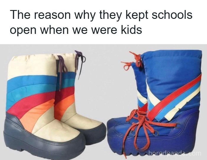 Two pairs of colorful, puffy winter boots, popular footwear from the 80s.
