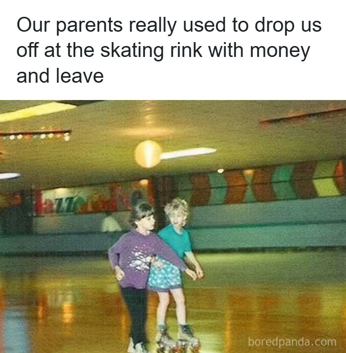 Two kids roller skating at a retro skating rink, a classic 80s pastime.