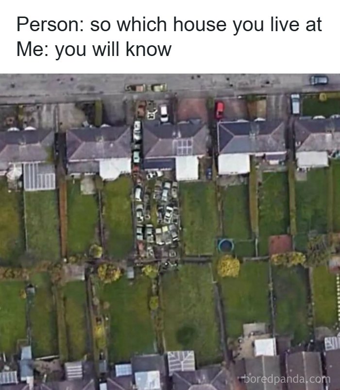 A funny meme and an aerial view of a house with many cars parked in the backyard, showing a passion for cars.