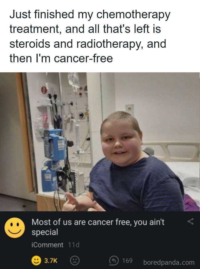 A creative and cursed comment below an image of a young boy giving a thumbs up, happy to be cancer-free.