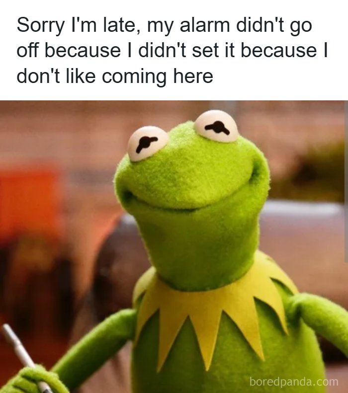 A Kermit the Frog 'Meme Queen' post with the text: Sorry I'm late, my alarm didn't go off because I didn't set it because I don't like coming here.