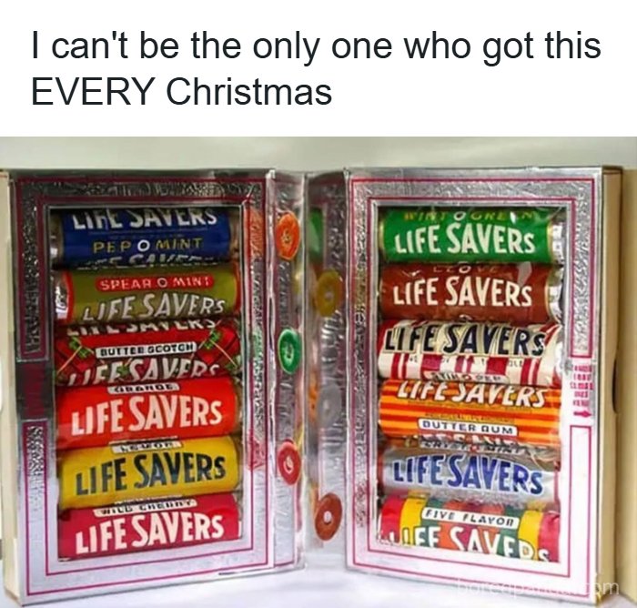 A box filled with various flavors of Life Savers candy, a popular gift from the 80s.