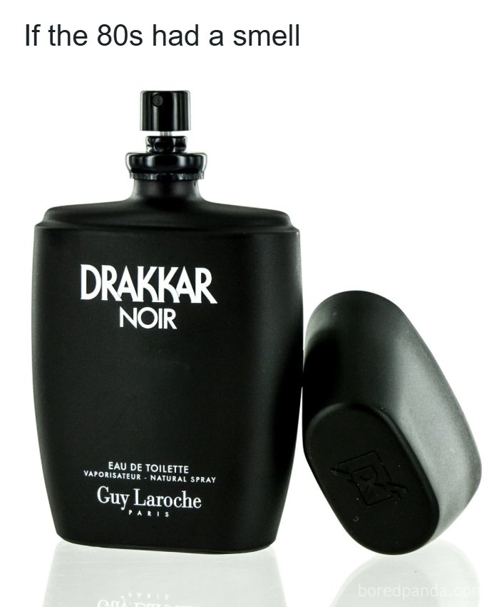 A black bottle of Drakkar Noir cologne, symbolizing the distinct smell and good time of the 80s.
