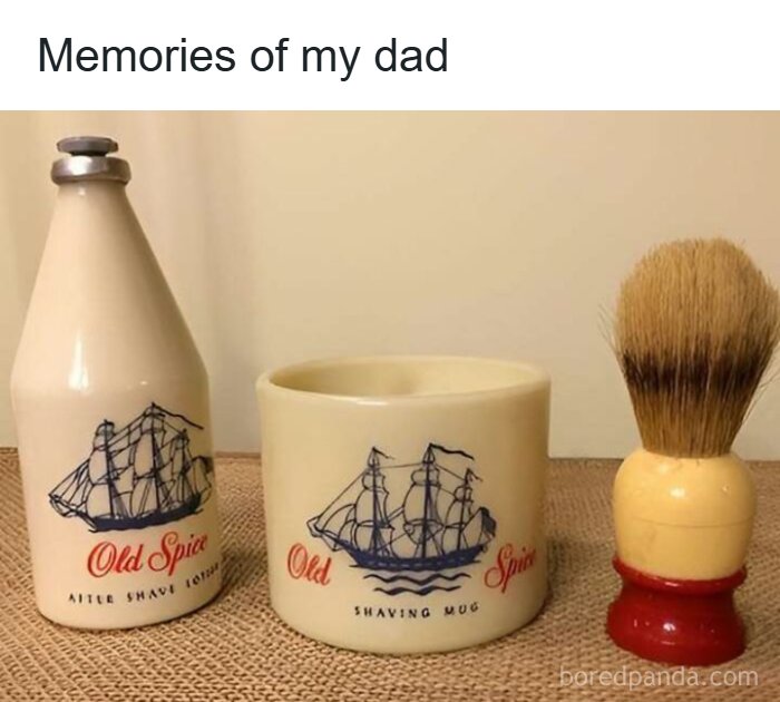 A set of Old Spice aftershave and shaving mug with a brush, symbolizing 80s memories and how old you become.