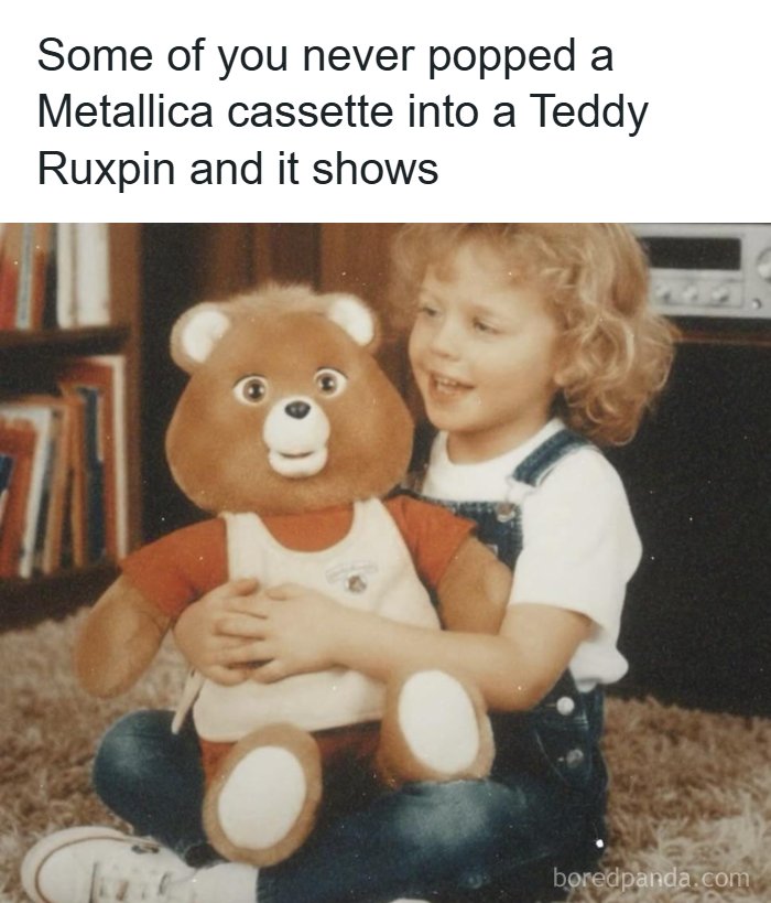 A young child in the 80s embraces a Teddy Ruxpin, a beloved toy from the good time of that era.