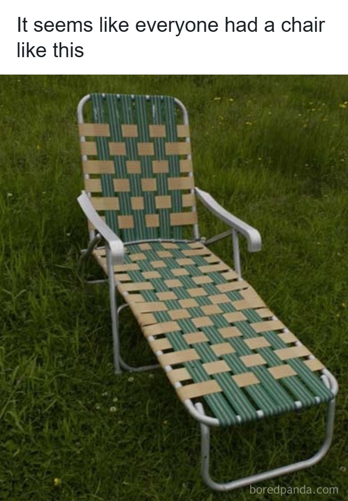 A classic green and beige woven lawn chair, a common outdoor furniture piece from the '80s, on grass.