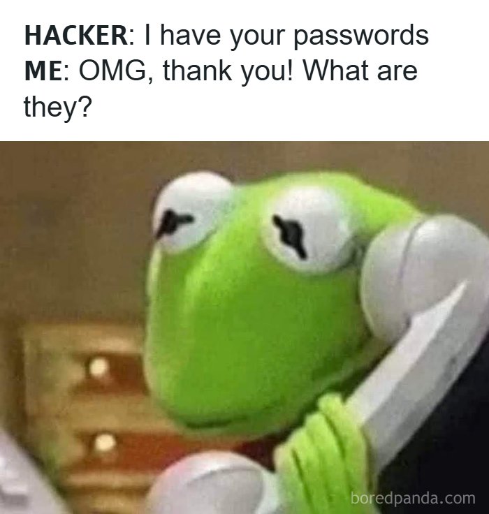 A funny animal meme featuring Kermit the Frog on the phone, looking confused, representing a hacker scenario.