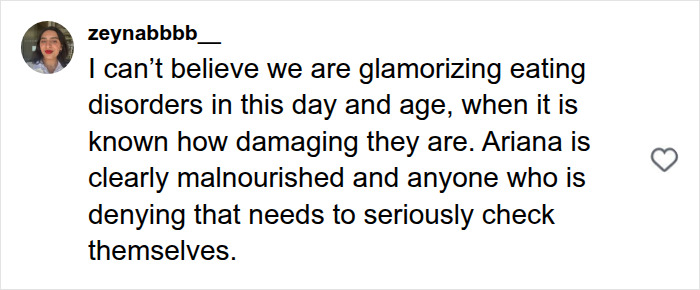 A social media post with text expressing concern about Ariana Grande's appearance and alleged eating disorder. A social media post with text expressing concern about Ariana Grande's appearance and alleged eating disorder.