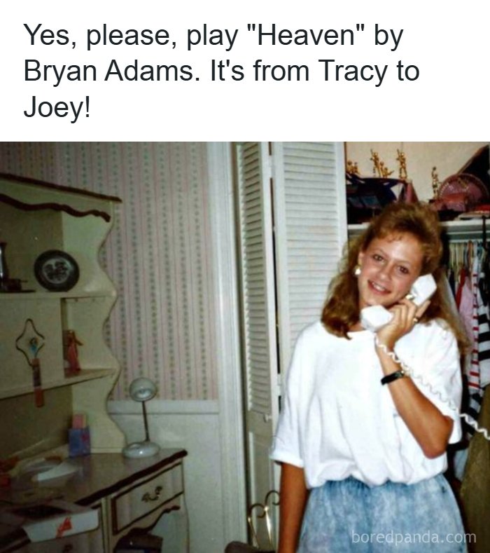 A young woman in 80s attire talking on a corded phone, evoking memories of the good time.