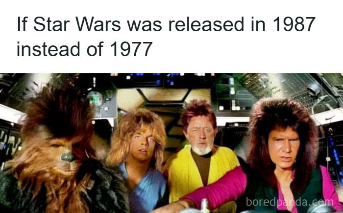 A meme depicting Star Wars characters with '80s hairstyles and fashion, imagining a 1987 release for the film.