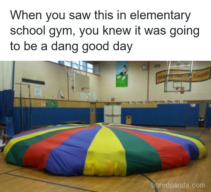 A colorful parachute spread out on the gym floor, a nostalgic sight for anyone who grew up in the '80s.