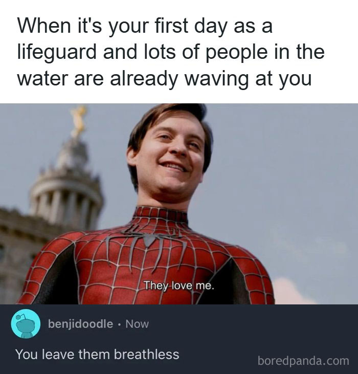 A meme with Tobey Maguire as Spider-Man saying They love me, a creative and cursed comment about lifeguards.