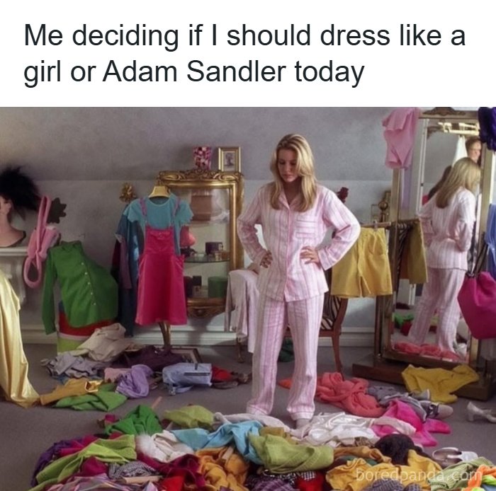 A woman stands in a messy room, torn between outfits, making a funny Meme Queen post.