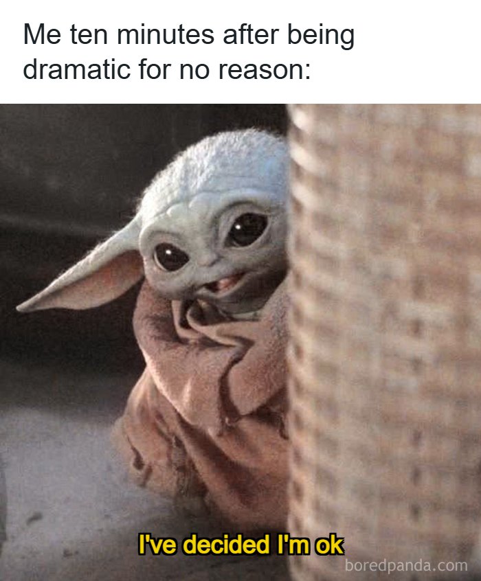 A meme queen post showing a relatable therapy session with jokes about Baby Yoda deciding everything is okay.