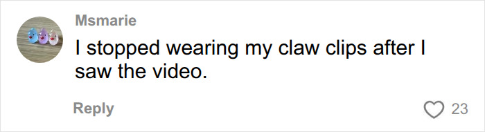 A user named Msmari comments on stopping use of a hair accessory, specifically claw clips, after seeing a video.
