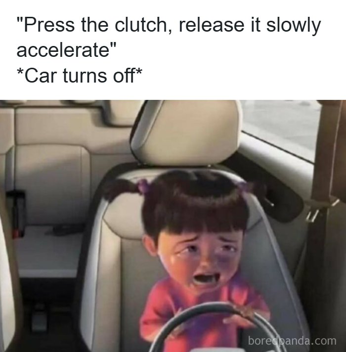 Funny meme of a crying child trying to drive, a relatable car meme for new drivers.