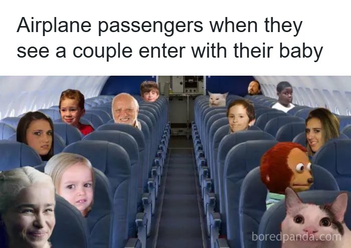 A meme queen post showing airplane passengers with meme faces reacting to a couple with a baby.