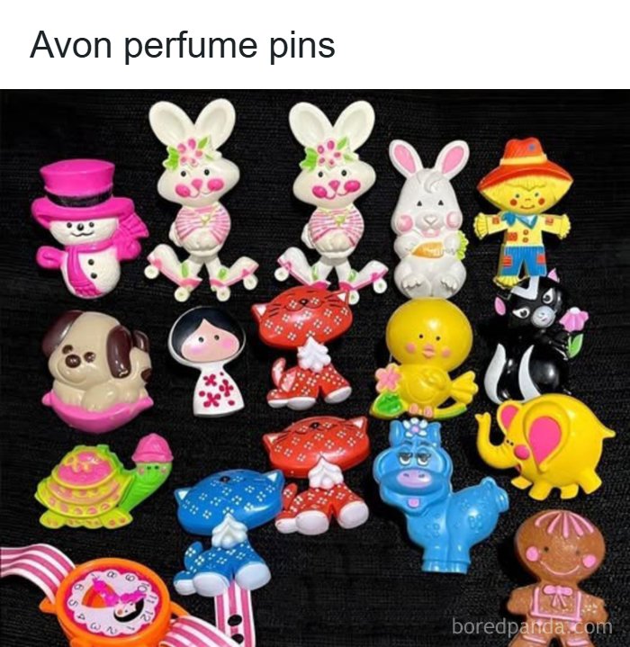 A collection of colorful Avon perfume pins, popular collectibles for those who recall the '80s.