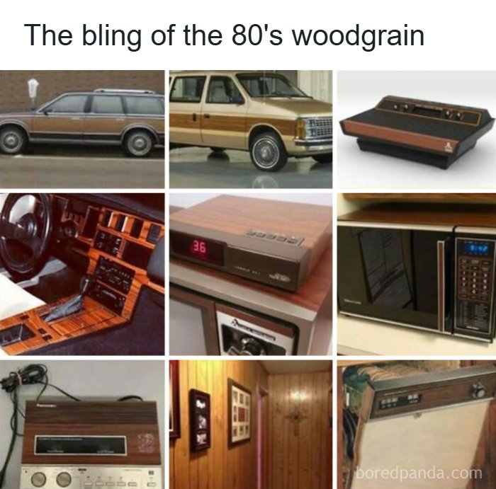 A collage of woodgrain items from the 80s, including cars, electronics, and paneling, reflecting the good time you had.