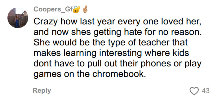 A social media comment supporting a teacher's dress codes, highlighting her engaging teaching style. A social media comment supporting a teacher's dress codes, highlighting her engaging teaching style.