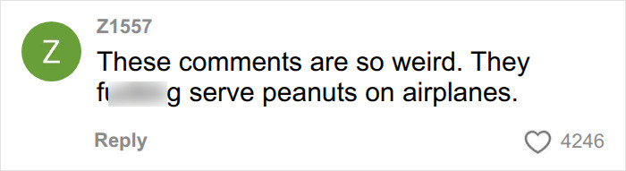 A social media comment discussing the common practice of eating peanuts on plane. A social media comment discussing the common practice of eating peanuts on plane.