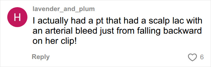 A comment detailing a patient's scalp laceration and arterial bleed due to a hair clip, illustrating hair accessory injuries.
