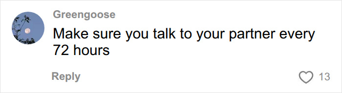 A comment from Greengoose advising to talk to your partner every 72 hours for intimacy and healthy couples. A comment from Greengoose advising to talk to your partner every 72 hours for intimacy and healthy couples.