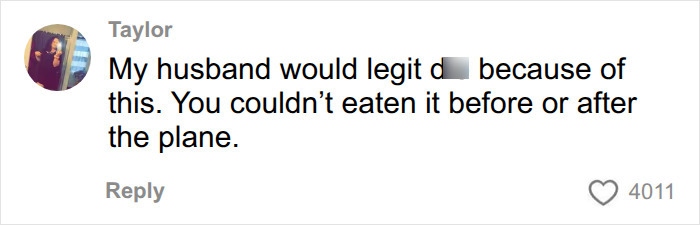 A comment from Taylor on social media, discussing the danger of eating peanuts on plane. A comment from Taylor on social media, discussing the danger of eating peanuts on plane.
