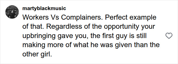 A social media comment titled Workers Vs Complainers, discussing the video comparing working class man and PhD woman.