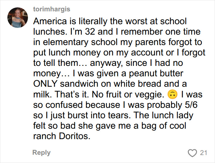 A comment from a user sharing their experience with school lunch in USA, specifically a plain peanut butter sandwich. A comment from a user sharing their experience with school lunch in USA, specifically a plain peanut butter sandwich.