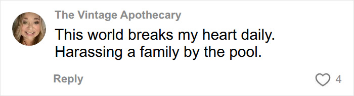 A comment by The Vintage Apothecary saying, This world breaks my heart daily. Harassing a family by the pool. A comment by The Vintage Apothecary saying, This world breaks my heart daily. Harassing a family by the pool.