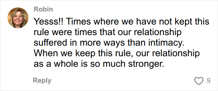 A comment from Robin on how the 72-hour rule strengthens relationships and keeps intimacy alive. A comment from Robin on how the 72-hour rule strengthens relationships and keeps intimacy alive.