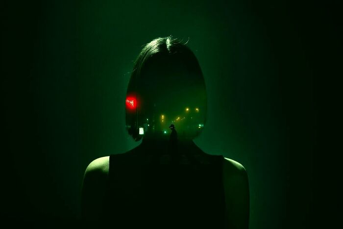 Oliver Takáč's cinematic portraits feature a woman's silhouette overlayed with green neon city lights.