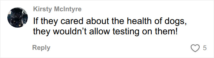 A social media comment criticizing the health care of dog breeds, mentioning testing on them. A social media comment criticizing the health care of dog breeds, mentioning testing on them.