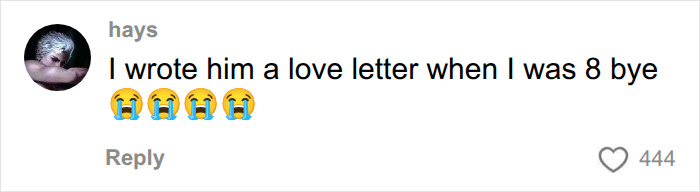 A fan comment about a former Disney heartthrob, mentioning writing him a love letter at age 8.