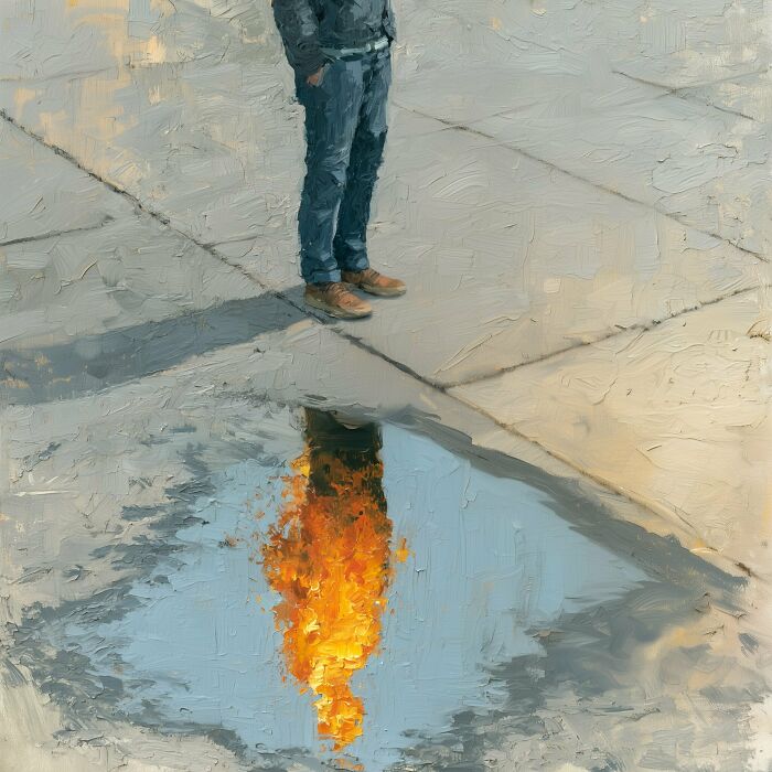 A person stands on concrete, their fiery reflection in a puddle, exploring hidden human emotions.