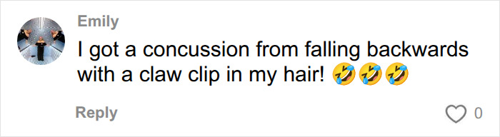 Emily's comment about getting a concussion from a claw clip, emphasizing hair accessory risks and injuries.