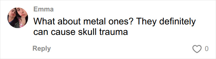 A comment from Emma asking about metal hair accessories and skull trauma, highlighting hair accessory injuries.