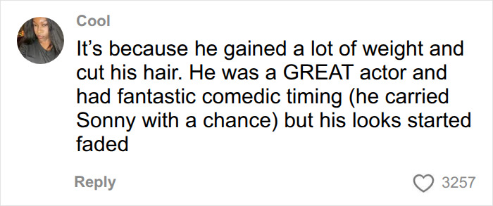 A fan comment discussing a former Disney heartthrob's appearance changes due to weight gain and haircut.