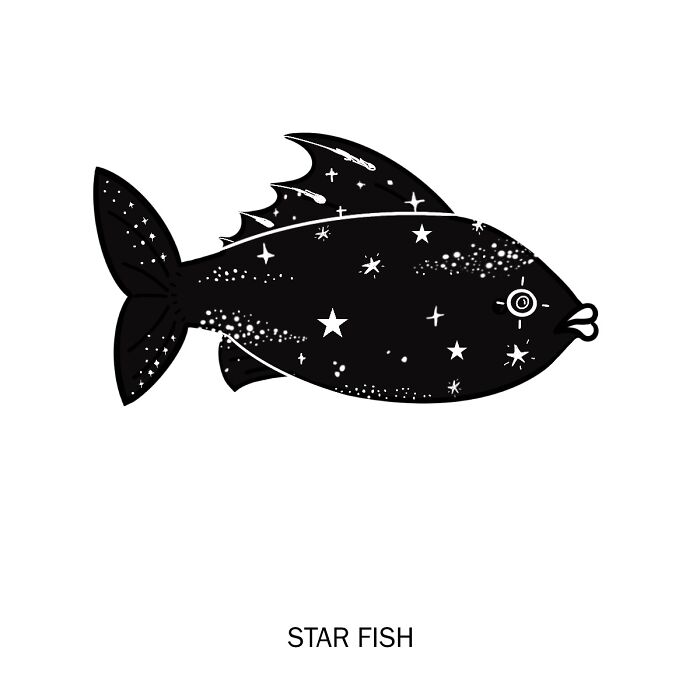 Humorous illustration: A fish with a starry pattern, playfully redefining starfish.
