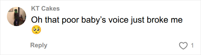 A comment about a poor baby's voice breaking, related to the pool confrontation with the Black dad with kids. A comment about a poor baby's voice breaking, related to the pool confrontation with the Black dad with kids.